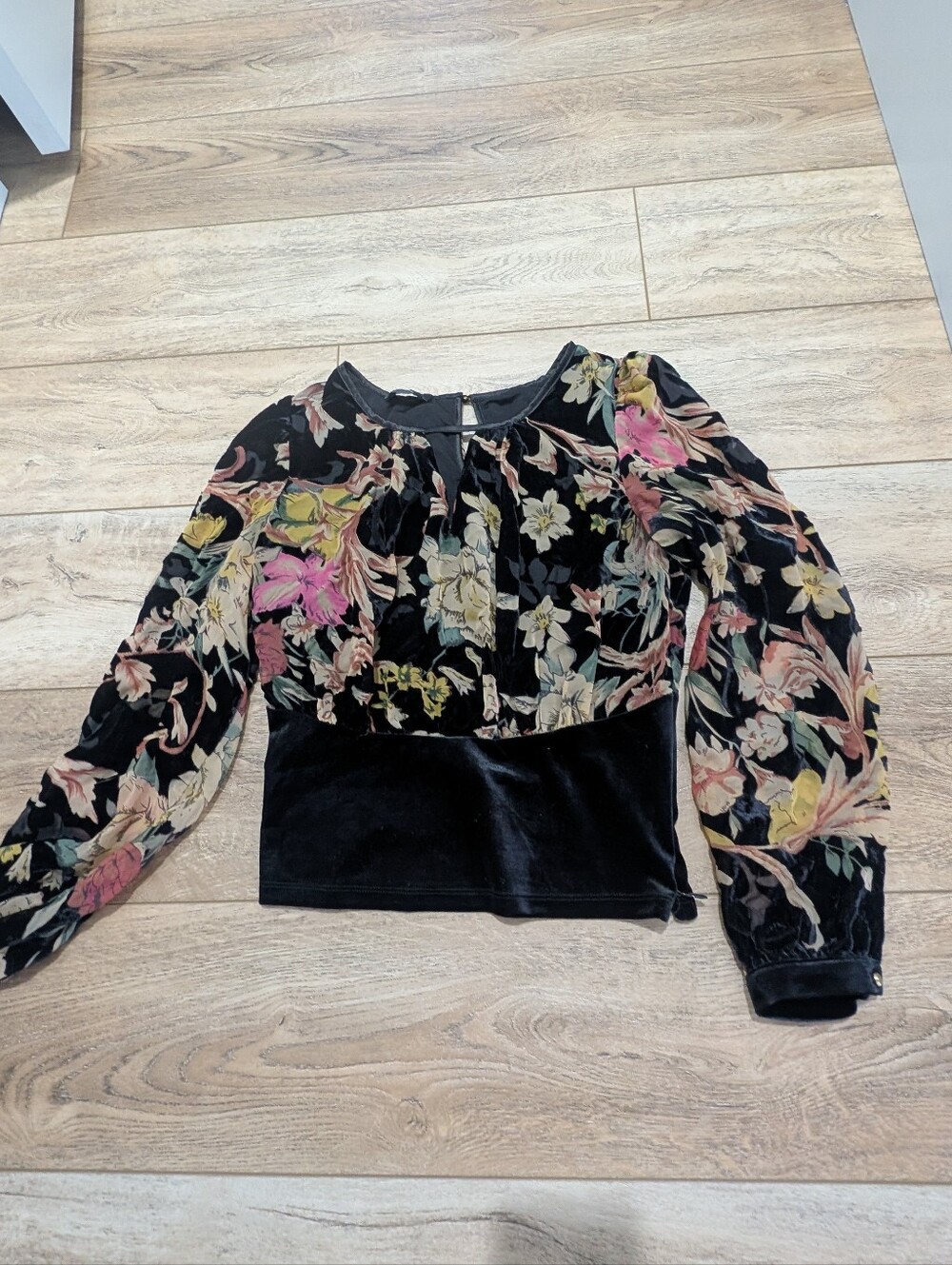 bebe Black Velvet Floral Blouse with Sheer Puff Sleeves